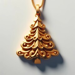 Golden Christmas pine tree neckless pendant on white background