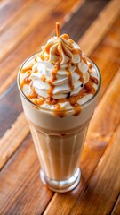 A creamy caramel milkshake topped with swirls of whipped cream and caramel drizzle, served in a tall glass on a rustic wooden table.
