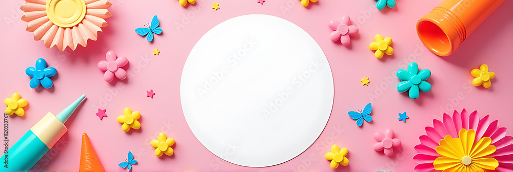 Aufkleber A colorful scene of creative playthings surrounds an empty circle on a soft pink background with butterflies and sunshine accents._00001_