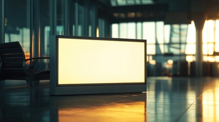 Illuminated blank billboard in airport terminal.