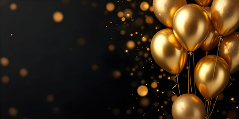 Stylish Golden Balloon Celebration Background with Glowing Bokeh on Dark Canvas, Luxurious Golden Balloons on a Black Background with Sparkling Bokeh Lights