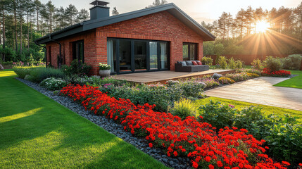 Fototapeta premium beautiful house surrounded by vibrant flowers and lush green grass, basking in warm sunlight of spring morning. scene evokes sense of tranquility and harmony with nature