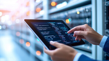 Hands Using Tablet Device to Monitor Data Analytics in Modern Server Room Environment