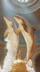 Naklejka premium Celestial dolphins guide lost souls back to sacred realms in majestic underwater scene ethereal environment dreamy perspective