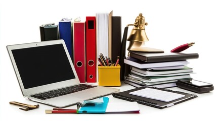 Laptop, stationery, and office supplies on a white background.