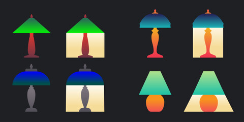 Set of vintage Tiffany style table lamps turned on and off. Flat vector illustration on black background.
