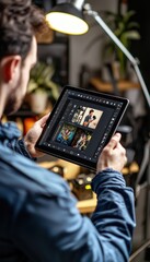 Fototapeta premium Photographer Editing with AI Tool in Bright Studio with Professional Gear