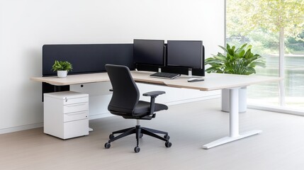 Modern office workspace with dual monitors and ergonomic chair.