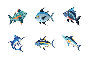  Commercial Fish of the World Icon Set Color Vector Illustrations