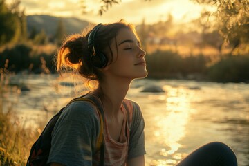 A young woman enjoys a moment of relaxation while listening to music by the riverside during the golden hour of sunset