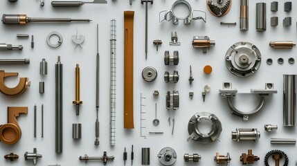 Obraz premium Precision metallic parts arranged on white background.