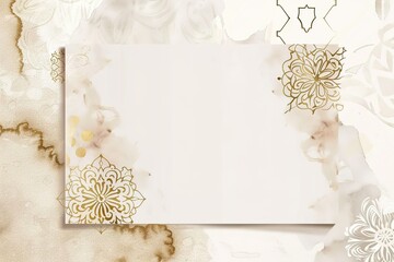 A white card with gold designs on it