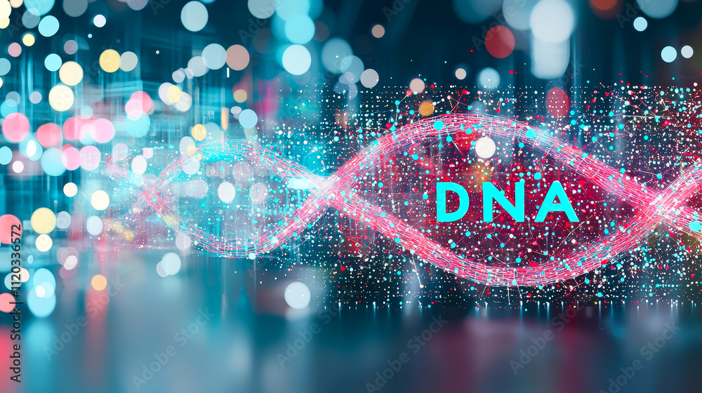 Poster Exploring the intricacies of DNA structure with colorful digital representation and vibrant bokeh effects