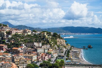 Naklejka premium Port in Salerno from Vietri sul Mare, Amalfi Coast, Salerno, Campania, Italy, Europy