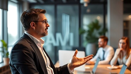 Business Leader Giving a Presentation in a Modern Office Setting