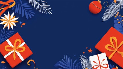 Fototapeta premium A festive design featuring colorful gifts, ornaments, and foliage on a deep blue background, perfect for holiday celebrations.