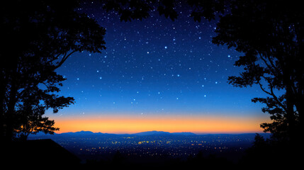 Naklejka premium clear star filled sky over quiet suburban neighborhood, showcasing beauty of night with twinkling stars and serene horizon