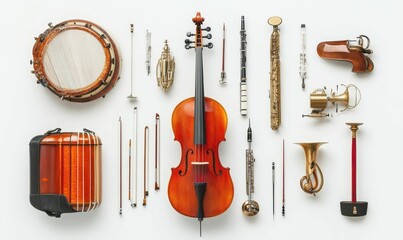 Naklejka premium Orchestral instruments arranged neatly on white.