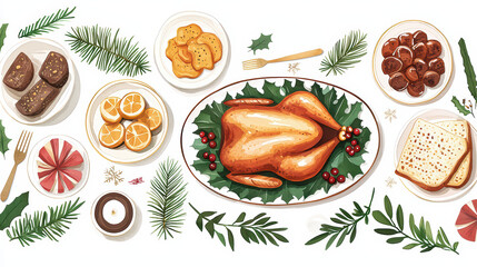 detailed watercolor of festive dinner table featuring roasted turkey, various side dishes, and seasonal decorations. Perfect for holiday celebrations and gatherings