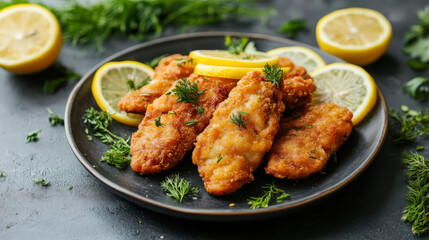 Crispy fried fish fillets garnished with fresh herbs and lemon served on a black plate