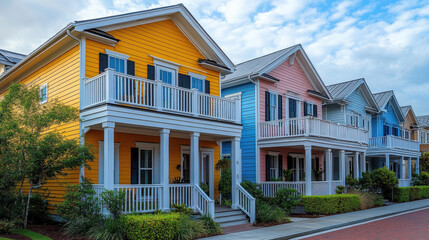 Brightly colored houses in suburban neighborhood showcase vibrant architecture and inviting porches, creating cheerful atmosphere on cloudy day