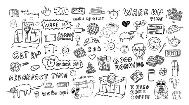 Set of wake up theme in doodle style. Wake up time, good morning, get up, sun, alarm clock, sloth, cup of coffee, breakfast, the girl woke up, breakfast, Viennese waffles, tea, milk, biscuits