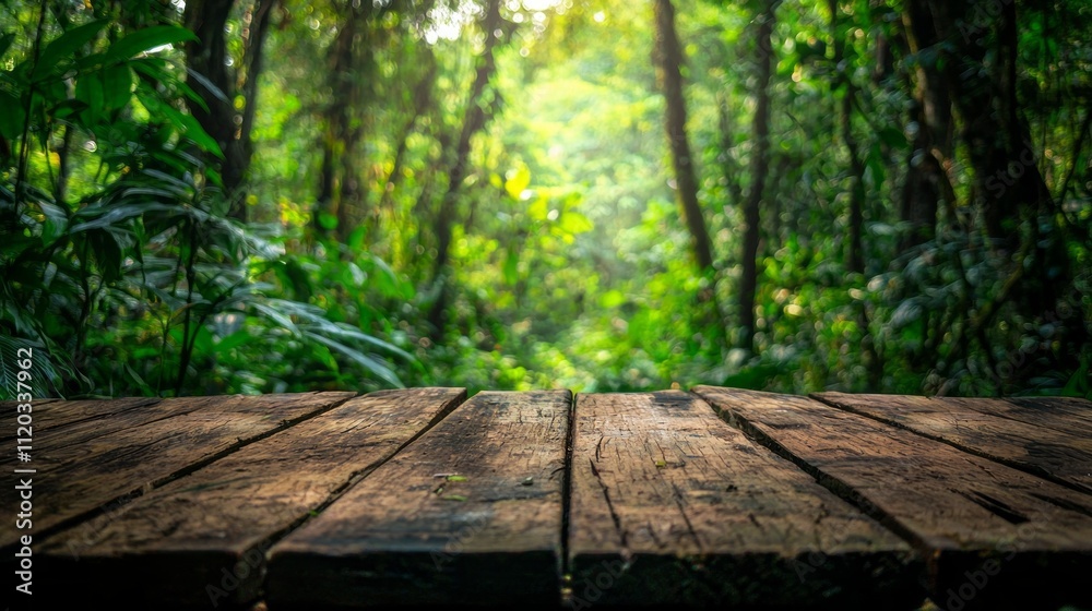 Poster sunlight filters through a vibrant canopy, casting a warm glow on the empty wooden table top, perfec