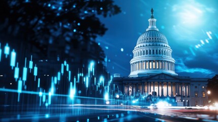 A night view of the U.S. Capitol building, illuminated against a blue background with digital stock market graphs, symbolizing finance and governance.