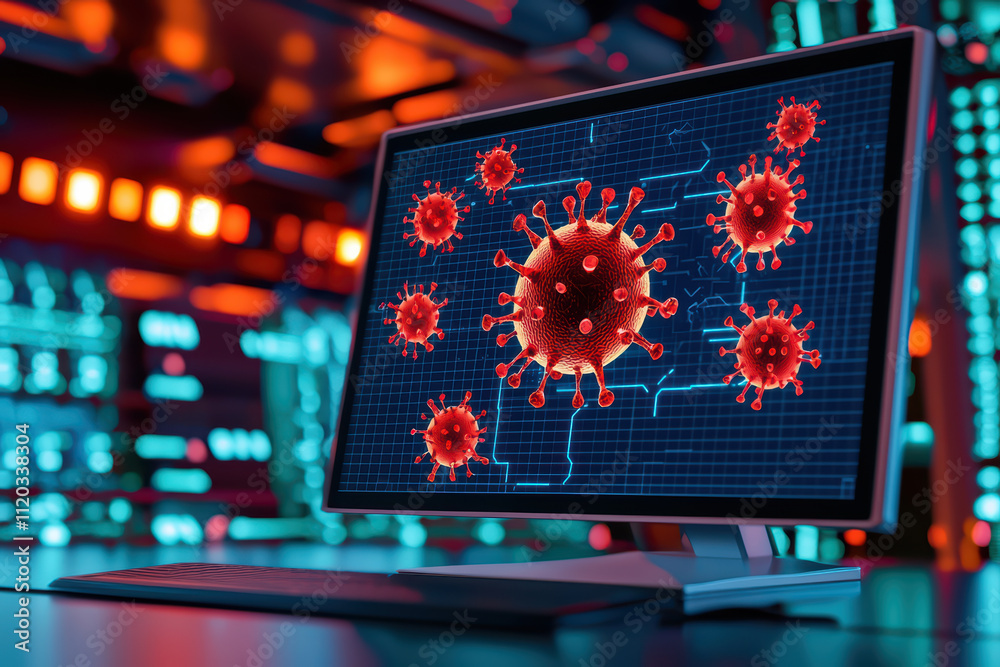 Poster digital virus displayed on futuristic screen, showcasing network of red virus particles. background 