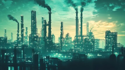 Obraz premium Energy industry future design with oil and gas refinery factories in creative graphic styles. 