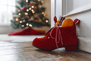 Obraz premium Red child's shoe with oranges and chocolate on day of epiphany with decorated Christmas tree in background