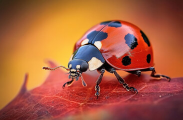 Fototapeta premium A close-up of a ladybug perched on a leaf, showcasing its vibrant colors and details.