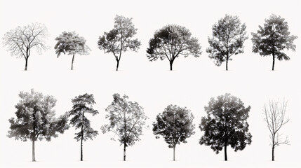 Abstract Trees: Collection of abstract tree images isolated on a white background for landscape plans and architectural layouts.