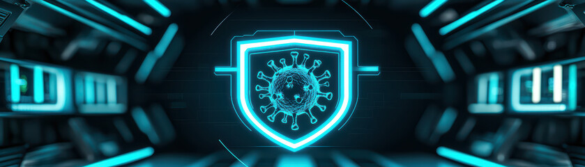 Naklejka premium high tech interface displays luminous shield icon representing virus protection, set in futuristic environment. glowing design emphasizes security and health