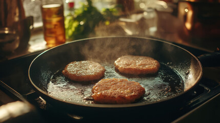 Fototapeta premium Cooking delicious potato patties in a skillet on a warm kitchen stove