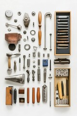 Metalworking tools arranged neatly on white background.