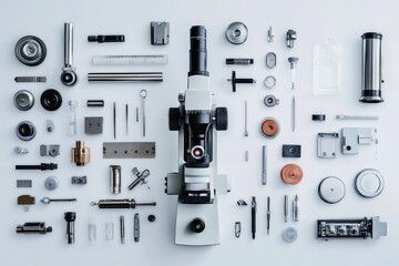 Microscope and numerous disassembled metallic parts.