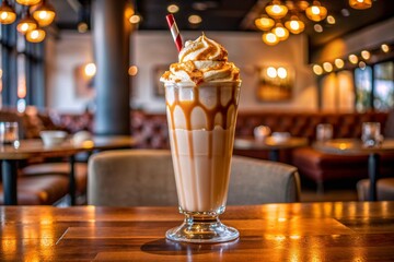 A decadent caramel milkshake topped with whipped cream and caramel drizzle, served in a cozy café setting with warm lighting and elegant décor.