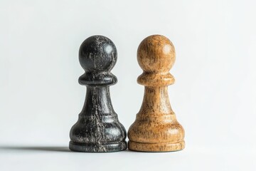 Two wooden chess pawns, dark and light.