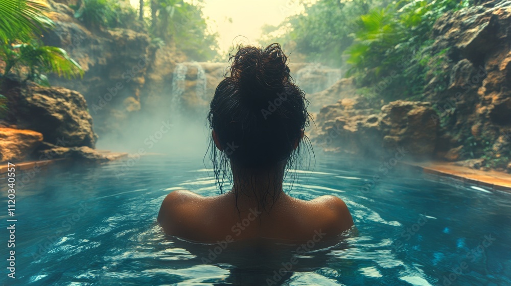 Poster a serene individual enjoys the calming waters of a hot spring, enveloped by vibrant foliage and the 