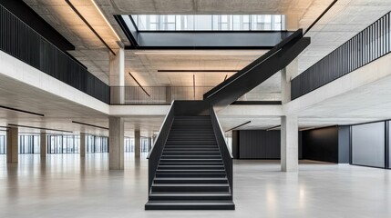 Fototapeta premium Industrial Office Interior with Black Steel Staircase and Double-Height Space