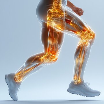 Movimiento y maquinaria de la rodilla en el ser humano, gr&aacute;fica de un hombre deportista en movimiento, donde se aprecia una visi&oacute;n de rayos equis de su rodilla y su funcionamiento.