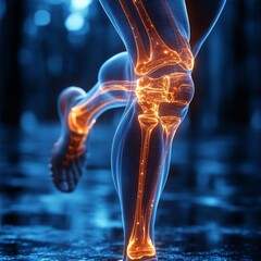 Movimiento y maquinaria de la rodilla en el ser humano, gráfica de un hombre deportista en movimiento, donde se aprecia una visión de rayos equis de su rodilla y su funcionamiento.