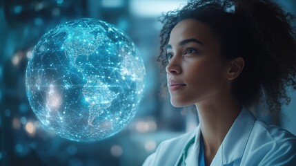 Naklejka premium A woman is looking at a computer screen with a globe on it. Generative AI