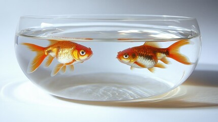 Two goldfish playfully swimming in circles in a small indoor pond, with reflections creating artistic patterns.