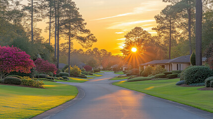 Fototapeta premium serene late morning in neighborhood with vibrant flowers and trees, showcasing beautiful sunrise casting warm light on peaceful street