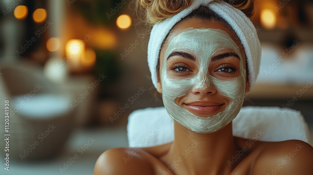 Poster a woman relaxes in a tranquil spa setting, adorned with a green facial mask. soft lights create a pe