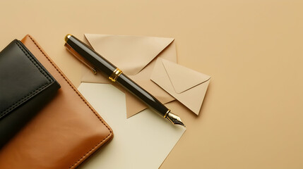 Pen, case, envelopes and sheets of paper on beige background