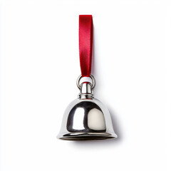 shiny silver bell with red ribbon, perfect for festive decorations. This elegant bell adds touch of charm to any holiday setting, evoking joy and celebration