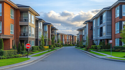 Obraz premium peaceful neighborhood at sunset with vibrant clouds and lush greenery, showcasing modern architecture and well maintained landscaping